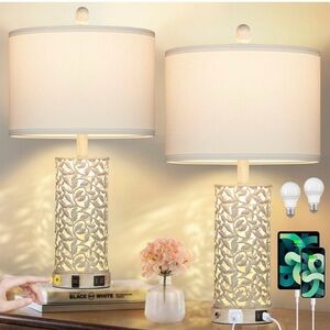 Elegant Cream Table Lamp Set with USB‎ Ports